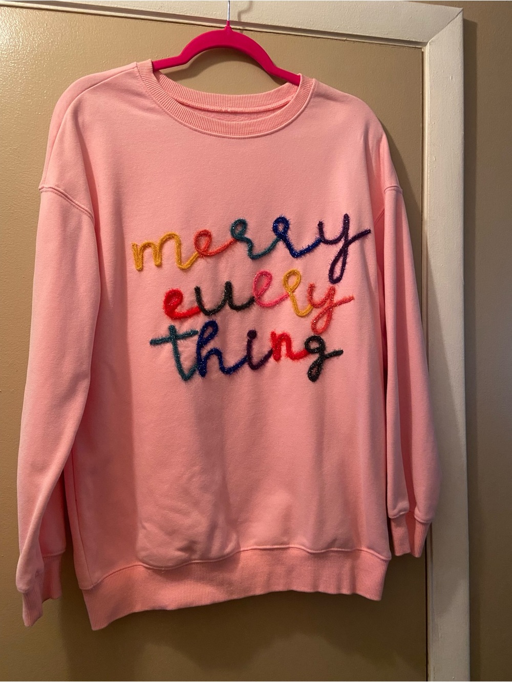 Pink "merry every thing" Embroidered Sweatshirt! Small! EUC!
